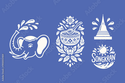 Songkran Festival Thailand Icons Set: Water, Elephant, Stupa