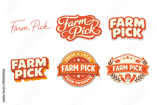 Diverse farm pick logos in red and orange with vintage and modern designs