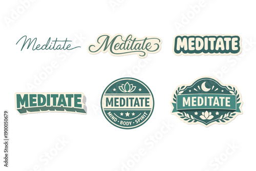 Meditate typography designs with mind body spirit emblems in green tones