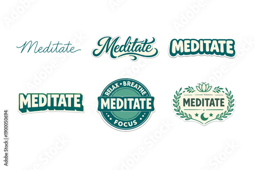 Collection of meditate word logos with various artistic styles