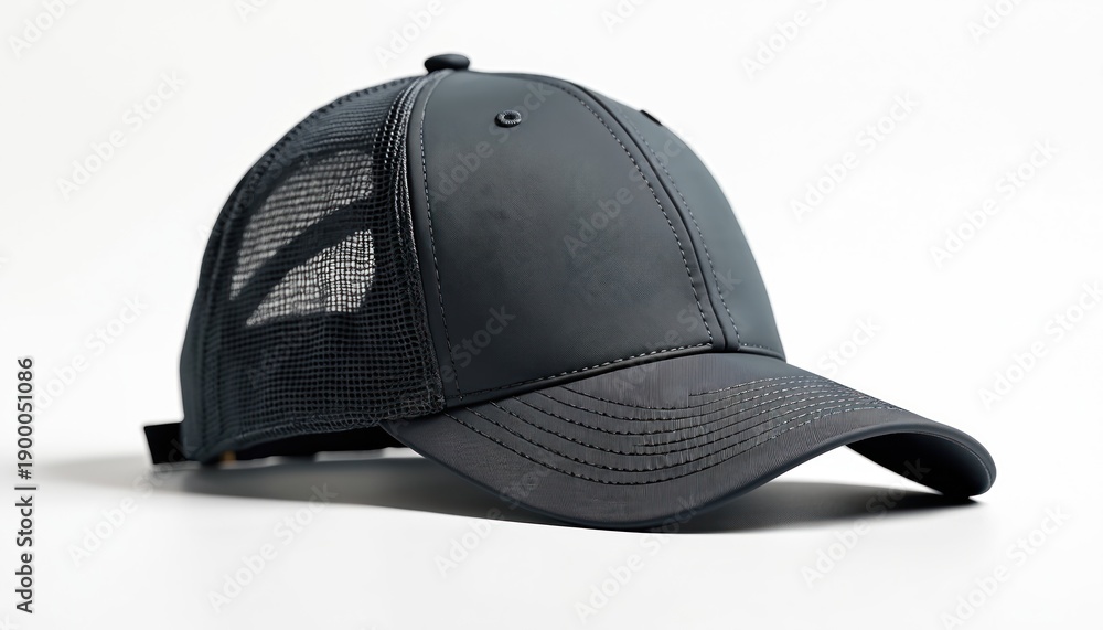 Fototapeta premium Dark gray lightweight running cap with mesh panels. It has a brim and adjustable buckle for fit. This cap offers sun protection for outdoor activities like jogging or training.