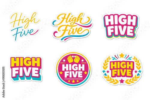 Colorful high five sticker set with vibrant typography and fun designs