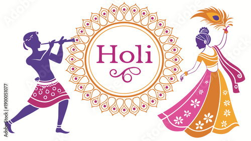 Holi festival celebration with dancing man and woman colorful traditional clothing peacock feather floral patterns and mandala design