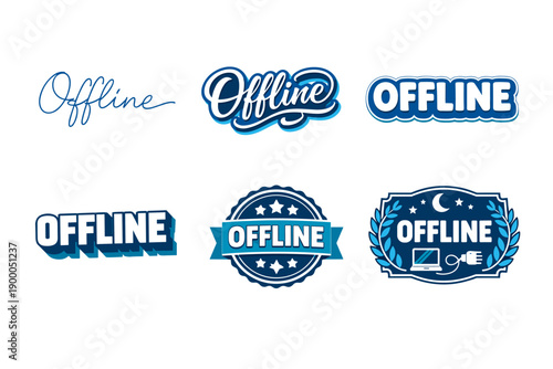 Collection of offline logos in blue and white with various styles and designs