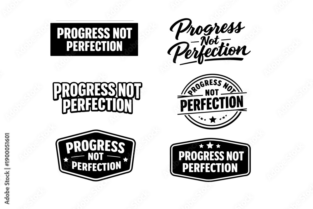Obraz premium Diverse typography designs of 'progress not perfection' in black and white graphics