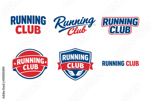 Running club logos: diverse styles in red and blue