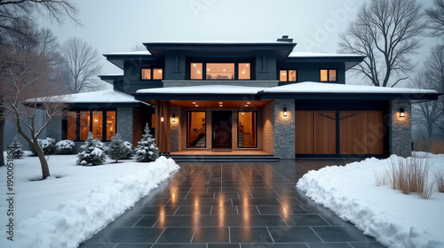 Heated driveway system installed in front of modern home, melting snow on surface. Stone texture and neutral palette for luxury real estate