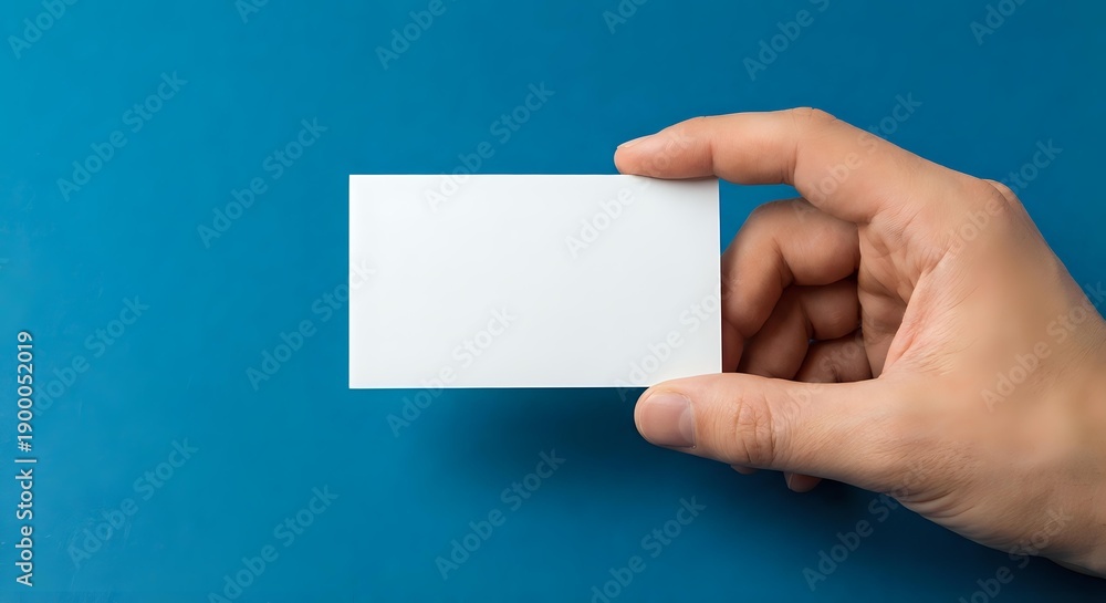 Fototapeta premium Hand holding blank white business card on blue background for corporate identity and branding mockup presentations.