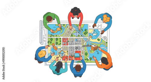 Urban Planning Team Meeting: Overhead Illustration of People Developing City Strategy.