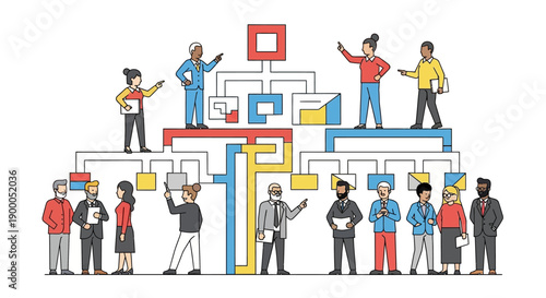 Business Organizational Chart Illustration showing Corporate Management Hierarchy, Diverse Team Structure, and Leadership Flow in a Modern Line Art Style.