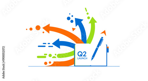 Q2 Launch Strategy Execution: Dynamic Growth Arrows Emerge from Business Planner Notebook