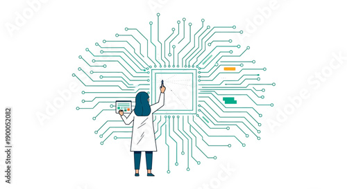 Digital Engineer Designing Microchip Circuit Board. Woman working on AI Processor or CPU architecture in data science and electronic research.