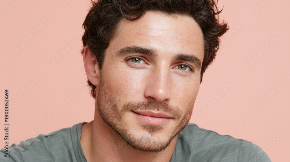 Fototapeta premium Sun kissed male warmth on cheek and jaw, close up portrait of smiling man with light stubble and green eyes against peach background conveying relaxed confidence and soft natural lighting