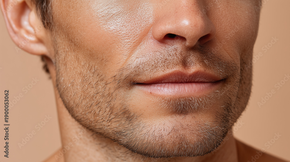 Obraz premium Hyper hydrated male glass skin with glossy sheen pastel ivory and warm tones, close up of lower face showing smooth skin texture, light stubble and natural lip expression
