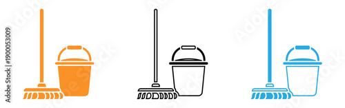 Colorful mop and bucket cleaning icons