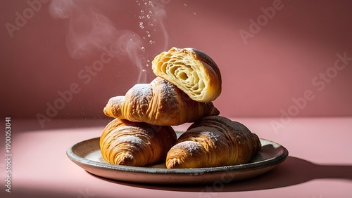 Freshly baked croissants dusted with powdered sugar, steaming