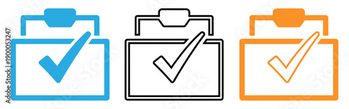 Clipboard icons with checkmarks in blue black and orange