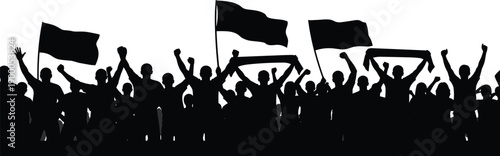 Crowd protest silhouette illustration, people cheering waving flags demonstration rally unity freedom activism isolated on white background vector