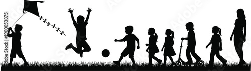 Children playing outdoor silhouette illustration, kids flying kite running playing ball childhood fun family lifestyle vector isolated
