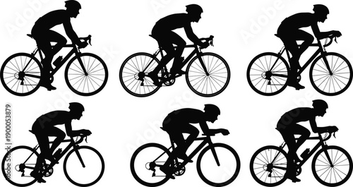 Cyclist silhouettes racing bicycles, road cycling sport concept, professional bike riders illustration, endurance training, competition speed motion design vector artwork
