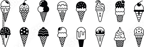 Black and white of various ice cream cones and popsicles dessert