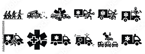 Minimalist black silhouette icon set of a emergency response . simple black flat vector style for medical and fitness icons concept.