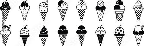 Black and white of various ice cream cones with different toppings dessert sweet