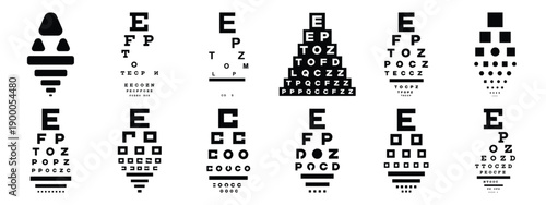Minimalist black silhouette icon set of a eye test chart . simple black flat vector style for medical and fitness icons concept.