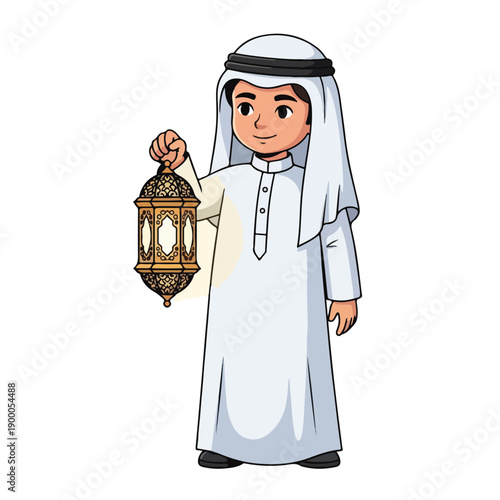 arabian man in traditional white robe holding lantern ramadan