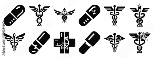 Minimalist black silhouette icon set of a future medicine . simple black flat vector style for medical and fitness icons concept.