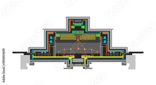 Abstract Cross-section of Complex Machine Interior. Technical Vector Diagram showing Mechanical Structure, Sensor Network, and Internal Layers.