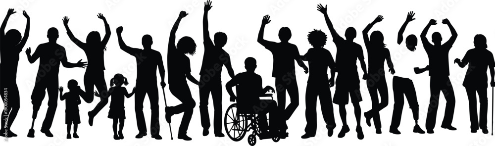 Fototapeta premium Diverse group of cheering people silhouette banner, including individuals with disabilities, dancing with hands raised, symbolizing unity, celebration, community, and inclusion.