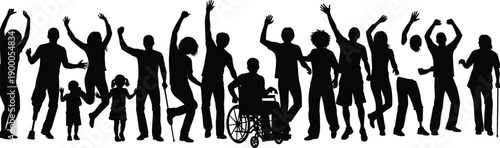 Diverse group of cheering people silhouette banner, including individuals with disabilities, dancing with hands raised, symbolizing unity, celebration, community, and inclusion.