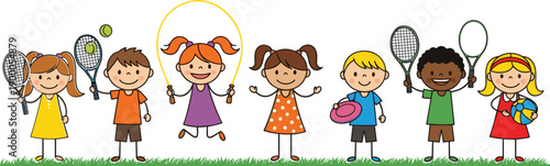Diverse Group of Happy Cartoon Children Playing Outdoors with Sports Equipment Including Tennis Rackets, Jump Rope, and Balls for Summer Camp Fun