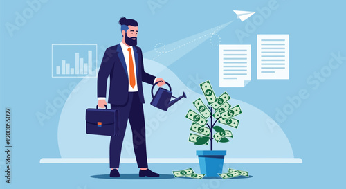 Bearded man in a suit waters a money tree with a can, holding a briefcase. Charts and papers float in the background, suggesting financial growth.