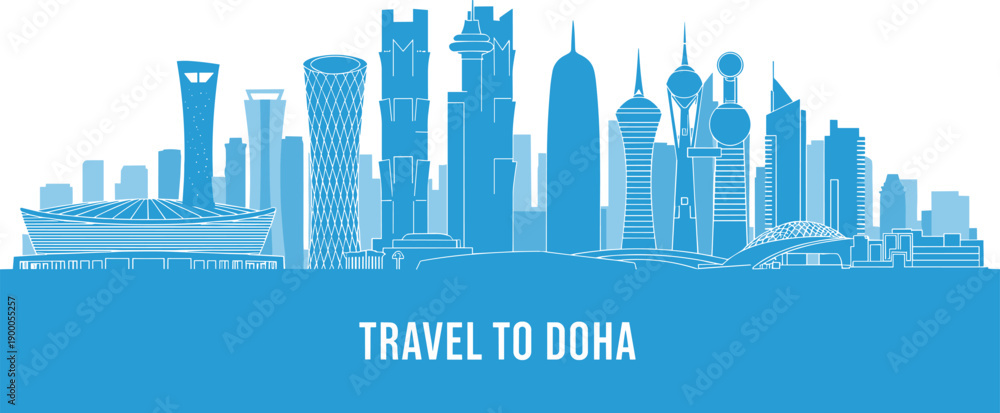 Obraz premium Doha Qatar City Skyline Silhouette Illustration with Famous Landmarks and Skyscrapers in Blue Tones for Travel Tourism and Middle East Business Concept Background