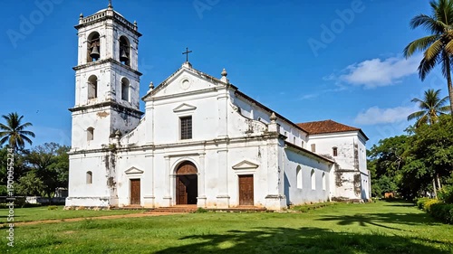 White church with bell tower in green landscape