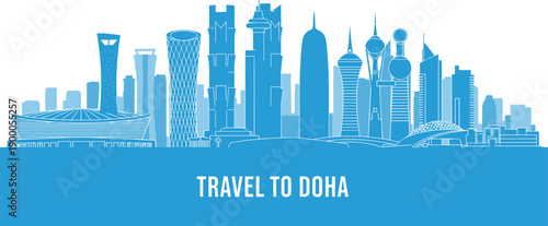 Doha Qatar City Skyline Silhouette Illustration with Famous Landmarks and Skyscrapers in Blue Tones for Travel Tourism and Middle East Business Concept Background
