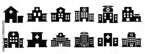 Minimalist black silhouette icon set of a hospital building . simple black flat vector style for medical and fitness icons concept.