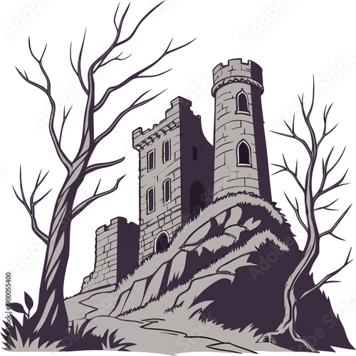 Old castle ruins on hill with dead trees illustration vector design