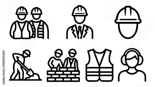 A set of construction worker icons in a minimal line art style