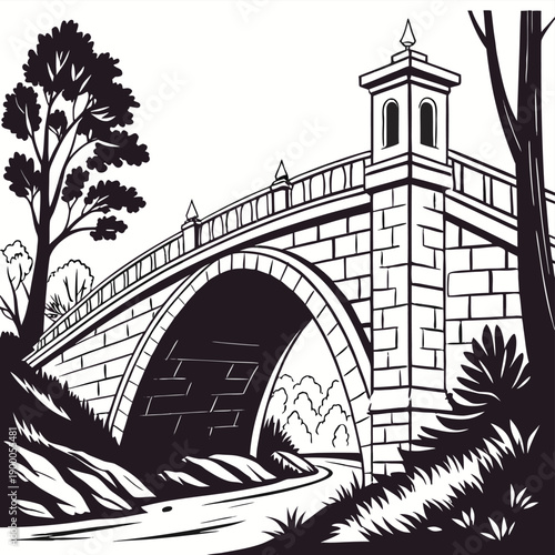 Old brick bridge with arch and tower in wooded park area vector art