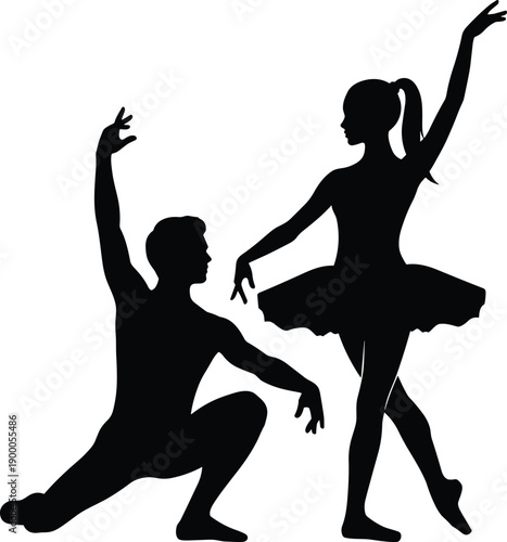 Dynamic Black Vector Silhouette of a Male and Female Ballet Couple Performing a Pas de Deux, Ideal for Classical Dance, Art, Partnership, and Elegant Performance Concepts