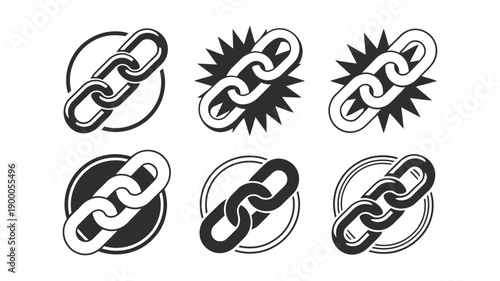 A set of six chain link icons in various black and white designs