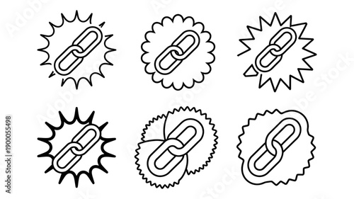 A set of six chain link icons in various line art styles and shapes