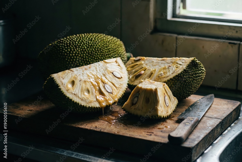 Obraz premium Fresh sliced jackfruit on wooden cutting board in kitchen