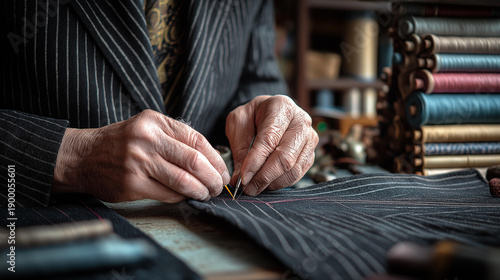 Senior tailor hand-stitching pinstripe suit lapel with needle, cluttered tailor shop with fabric rolls, macro detail shot, warm window light, portrait style, tailor at work, small workshop, working