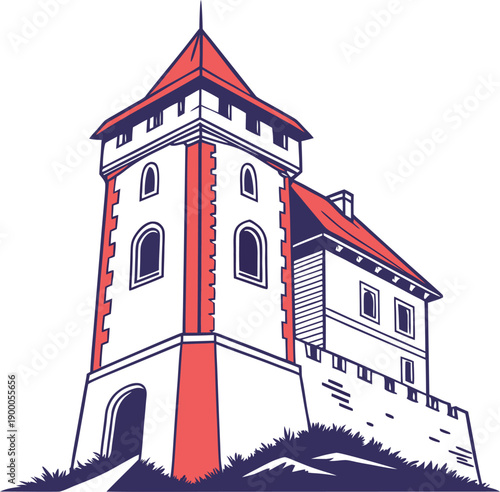 Medieval castle tower with red roof and arched entrance on a hill