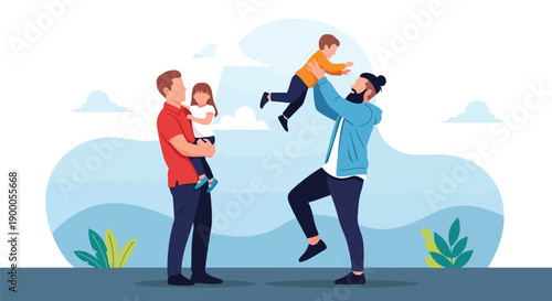 Joyful family scene with two men and two children outdoors. One man holds a girl, while the other lifts a boy, both smiling. The sky is blue and the mood is cheerful.