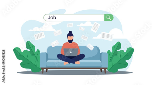 Illustration of a person sitting cross-legged on a blue sofa with a laptop, searching for jobs. Papers and envelopes float around, with large green leaves nearby.